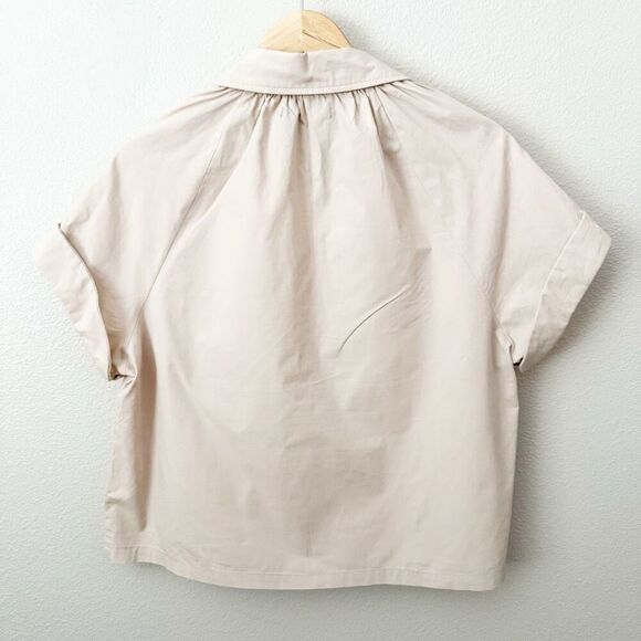 DÈLUC | Beige Light Tan Nude Short Sleeve Collared Pullover Top Blouse | Large - Picture 6 of 8